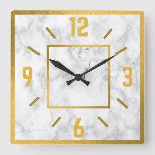 Classy Gold en White Faux Marble Vierkante Klok