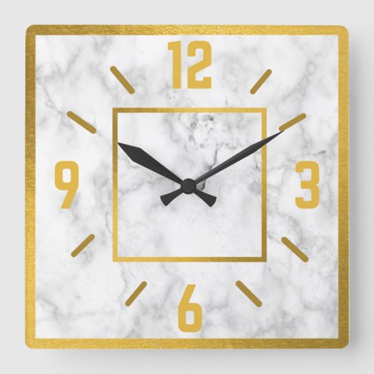 Classy Gold en White Faux Marble Vierkante Klok (Voorkant)