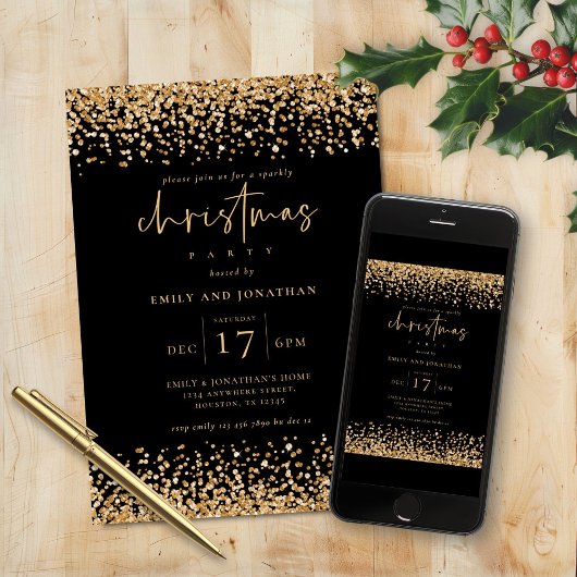 Classy Gold Faux Glitter Kerstfeest Zwart Kaart