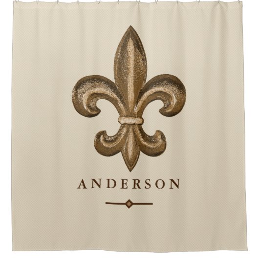 Classy Gold Fleur de Lis en Taupe | Gepersonalisee Douchegordijn (Voorkant)
