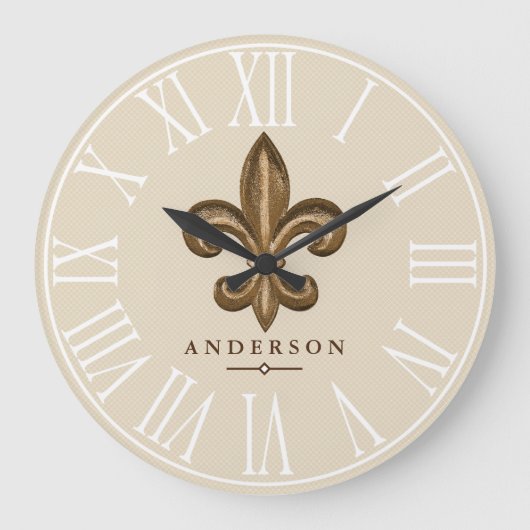 Classy Gold Fleur de Lis en Taupe | Gepersonalisee Grote Klok (Voorkant)