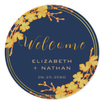 Classy Gold Floral Navy Blue Wedding Welcome