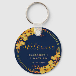 Classy Gold Floral Navy Blue Wedding Welcome Sleutelhanger