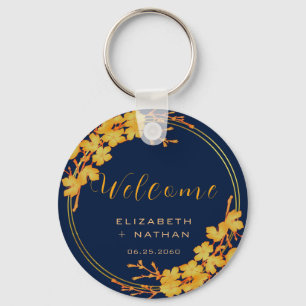 Classy Gold Floral Navy Blue Wedding Welcome Sleutelhanger