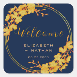 Classy Gold Floral Navy Blue Wedding Welcome Vierkante Sticker