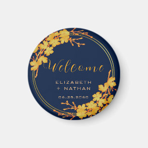 Classy Gold Floral Navy Blue Wedding Welkom Magneet