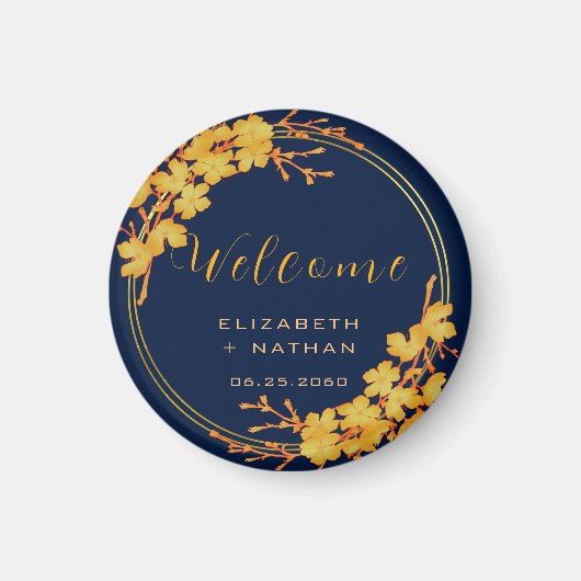 Classy Gold Floral Navy Blue Wedding Welkom Magneet (Voorkant)