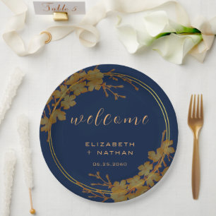 Classy Gold Floral Navy Blue Welkom Papieren Bordje
