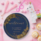 Classy Gold Floral Navy Blue Welkom Papieren Bordje (Feest)