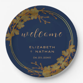 Classy Gold Floral Navy Blue Welkom Papieren Bordje