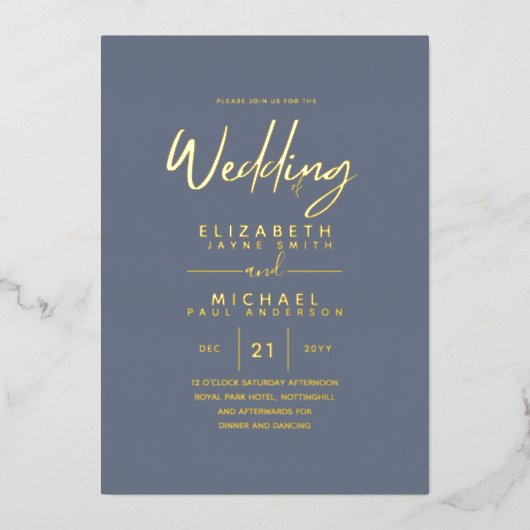 Classy GOLD FOIL Text Dusty Blue Wedding Elegant Folie Uitnodiging (Voorkant)