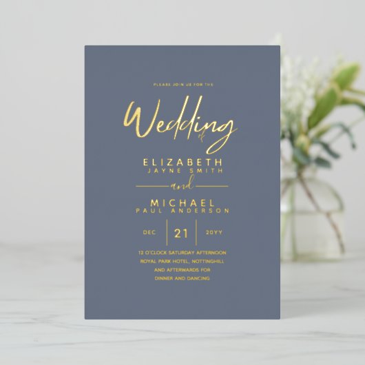 Classy GOLD FOIL Text Dusty Blue Wedding Elegant Folie Uitnodiging (Staand Voorkant)