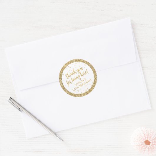 Classy Gold Glitter Confetti Birthday Dank u Ronde Sticker (Envelop)