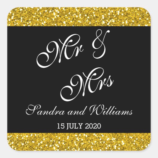 Classy Gold Glitter en Black Mr & Mrs Wedding Vierkante Sticker (Voorkant)