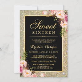 Classy Gold Glitter Floral Sweet 16 Birthday Party Kaart
