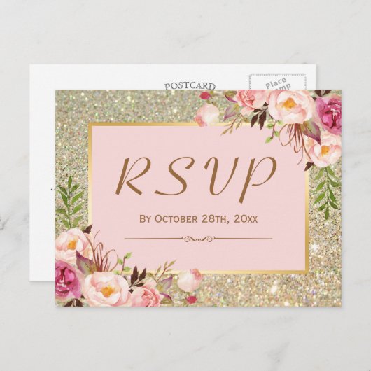 Classy Gold Glitter Pink Floral RSVP Response Uitnodiging Briefkaart (Voorkant / Achterkant)