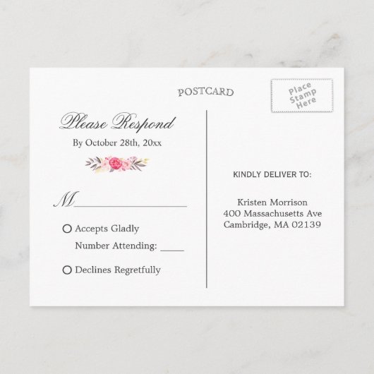 Classy Gold Glitter Pink Floral RSVP Response Uitnodiging Briefkaart (Achterkant)