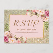 Classy Gold Glitter Pink Floral RSVP Response Uitnodiging Briefkaart (Voorkant)