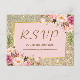 Classy Gold Glitter Pink Floral RSVP Response Uitnodiging Briefkaart