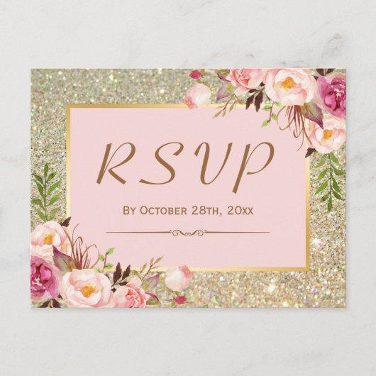Classy Gold Glitter Pink Floral RSVP Response Uitnodiging Briefkaart (Voorkant)
