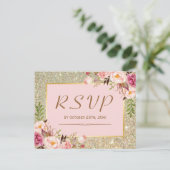 Classy Gold Glitter Pink Floral RSVP Response Uitnodiging Briefkaart (Staand voorkant)