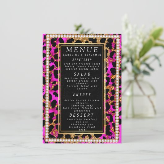 Classy Gold Glitter roze en zwart bruiloft Menu (Staand voorkant)