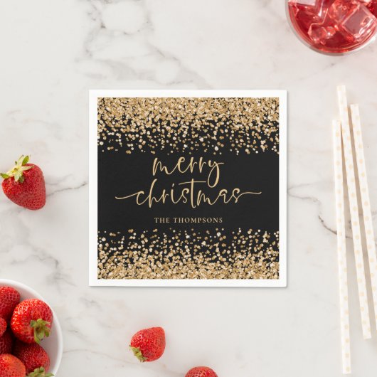 Classy Gold Glitter Vrolijk Kerstfeest Zwart Servet (Insitu)