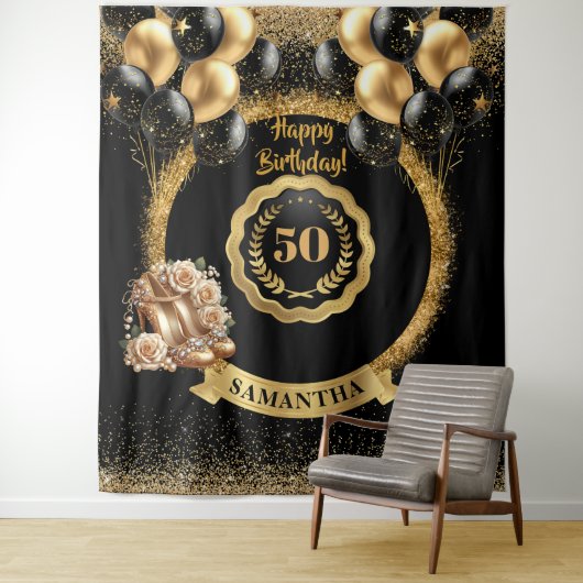 Classy Gold High Heels 50ste Verjaardag Party Sign Wandkleed (In situ)