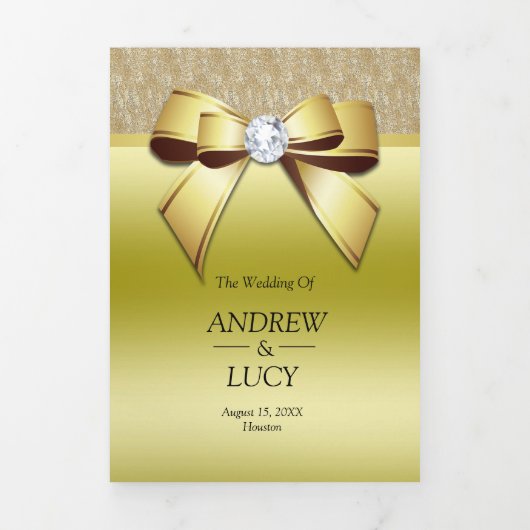 Classy Gold Jewel Gem Bow QR Code Wedding Drieluik Uitnodiging (Cover)