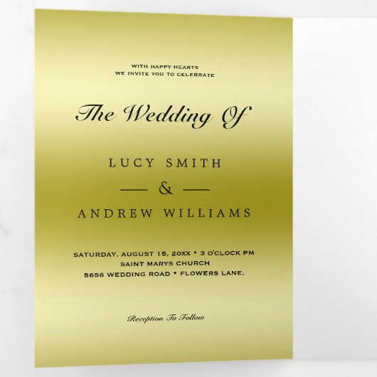 Classy Gold Jewel Gem Bow QR Code Wedding Drieluik Uitnodiging (Binnenzijde eerst)