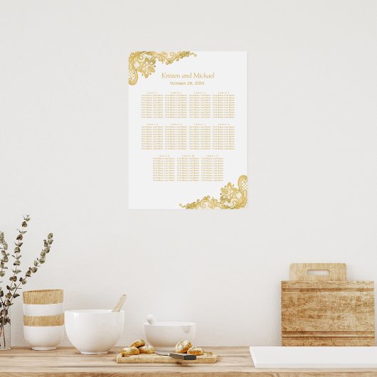 Classy Gold Lace Wedding Seating Chart Poster (Keuken)