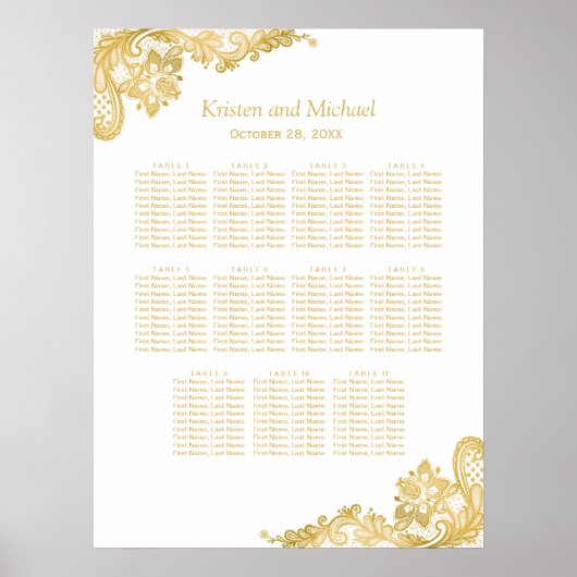 Classy Gold Lace Wedding Seating Chart Poster (Voorkant)