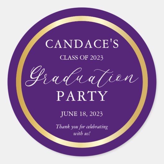 Classy Gold Minimalist Graduparty Paars Ronde Sticker (Voorkant)