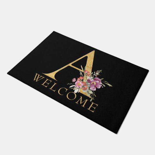 Classy Gold Monogram A met roze Florals Deurmat (Schuin)