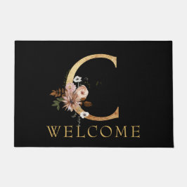 Classy Gold Monogram C met roze bloemen deurmat