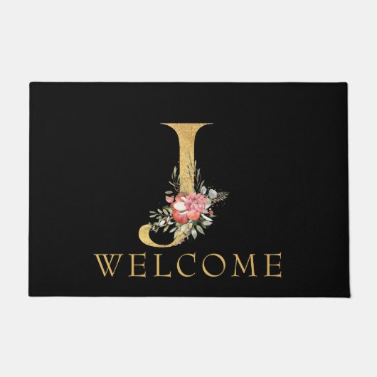 Classy Gold Monogram J met roze Florals Doormat Deurmat (Voorkant)