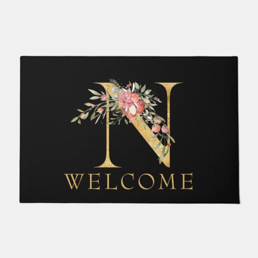 Classy Gold Monogram N met roze Florals Doormat Deurmat (Voorkant)