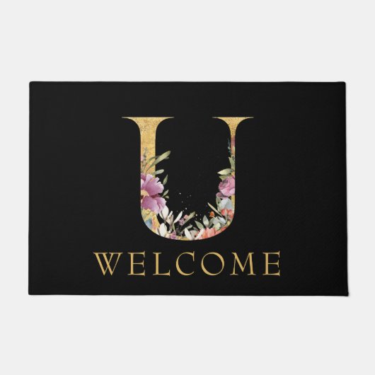 Classy Gold Monogram U met roze Florals deurmat (Voorkant)