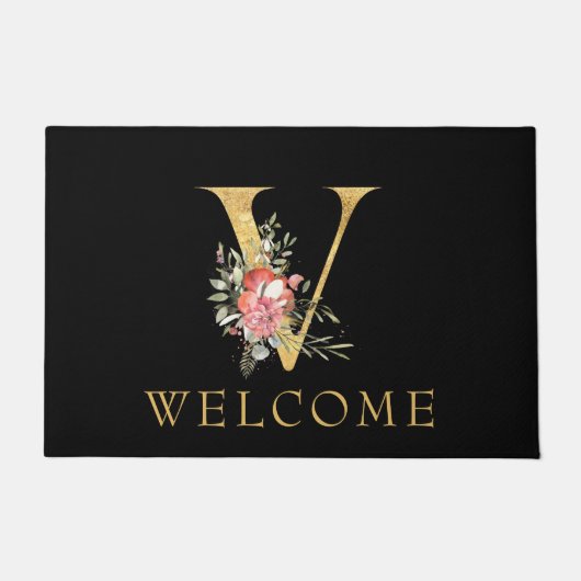Classy Gold Monogram V met roze Florals Doormat Deurmat (Voorkant)