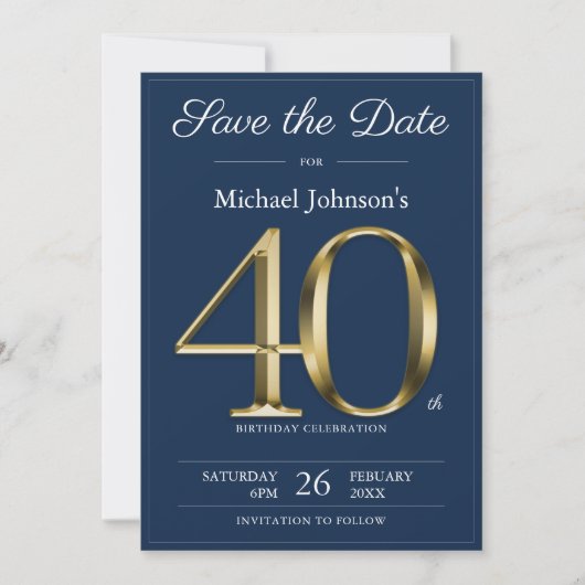 Classy Gold Navy Blue 40e verjaardagsfeestje Save The Date (Voorkant)