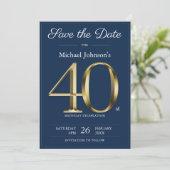 Classy Gold Navy Blue 40e verjaardagsfeestje Save The Date (Staand voorkant)