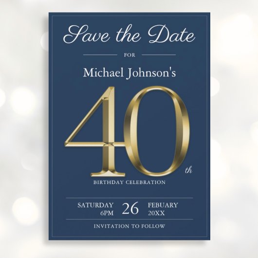 Classy Gold Navy Blue 40e verjaardagsfeestje Save The Date