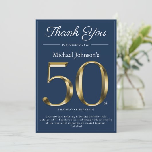 Classy Gold Navy Blue 50e verjaardag bedankje Kaart (Staand voorkant)