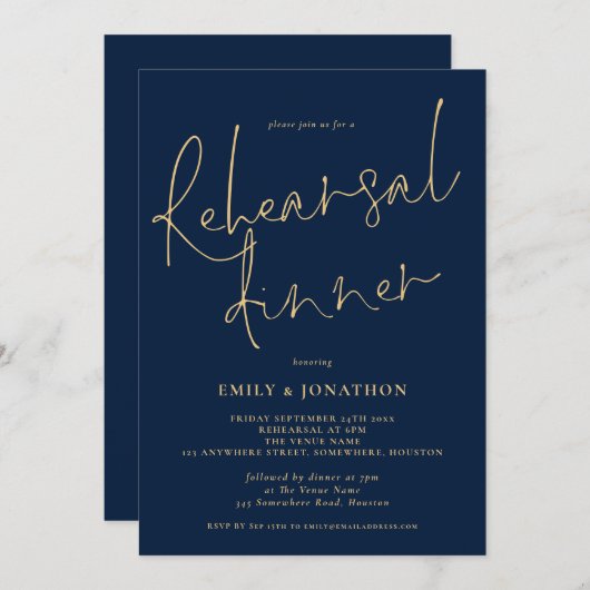 Classy Gold Navy Wedding Rehearsal Dinner Kaart (Voorkant / Achterkant)