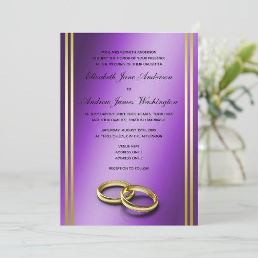 Classy Gold & Paarse, Trouwringen Trouwen Kaart (Staand voorkant)