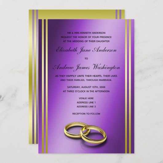 Classy Gold & Paarse, Trouwringen Trouwen Kaart (Voorkant / Achterkant)