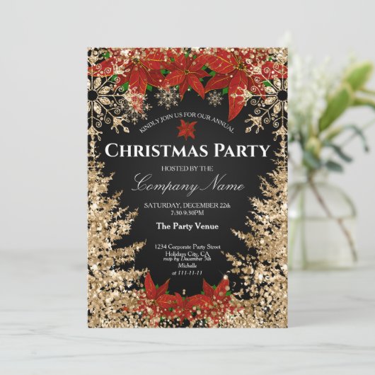 Classy Gold Red Glitter Corporate Christmas Party Kaart (Staand voorkant)