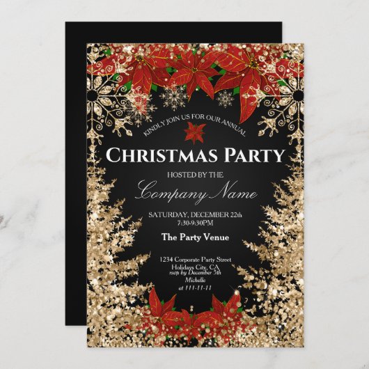 Classy Gold Red Glitter Corporate Christmas Party Kaart (Voorkant / Achterkant)