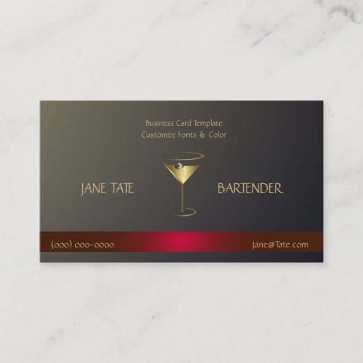 Classy Gold Red Metallic Bartender Sjabloon Visitekaartje (Voorkant)