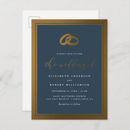 Classy Gold Rings & Navy Blue Wedding Uitnodiging Briefkaart (Voorkant / Achterkant)